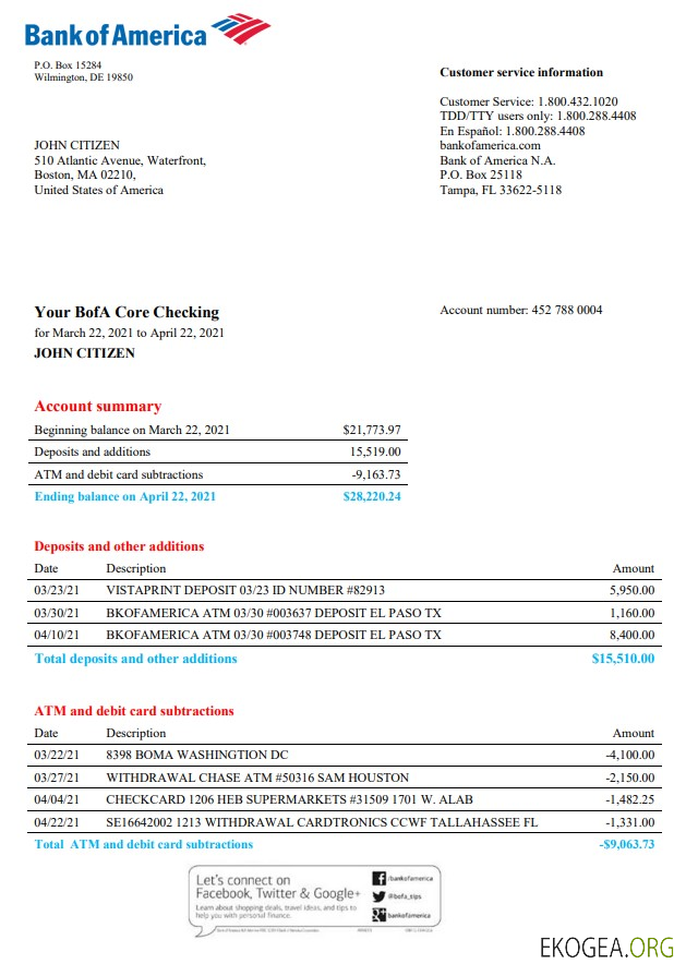 Modèle de relevé bancaire USA Bank of America au format Word et PDF, version 4 template Modèle de relevé bancaire USA Bank of America au format Word et PDF, version 4 template